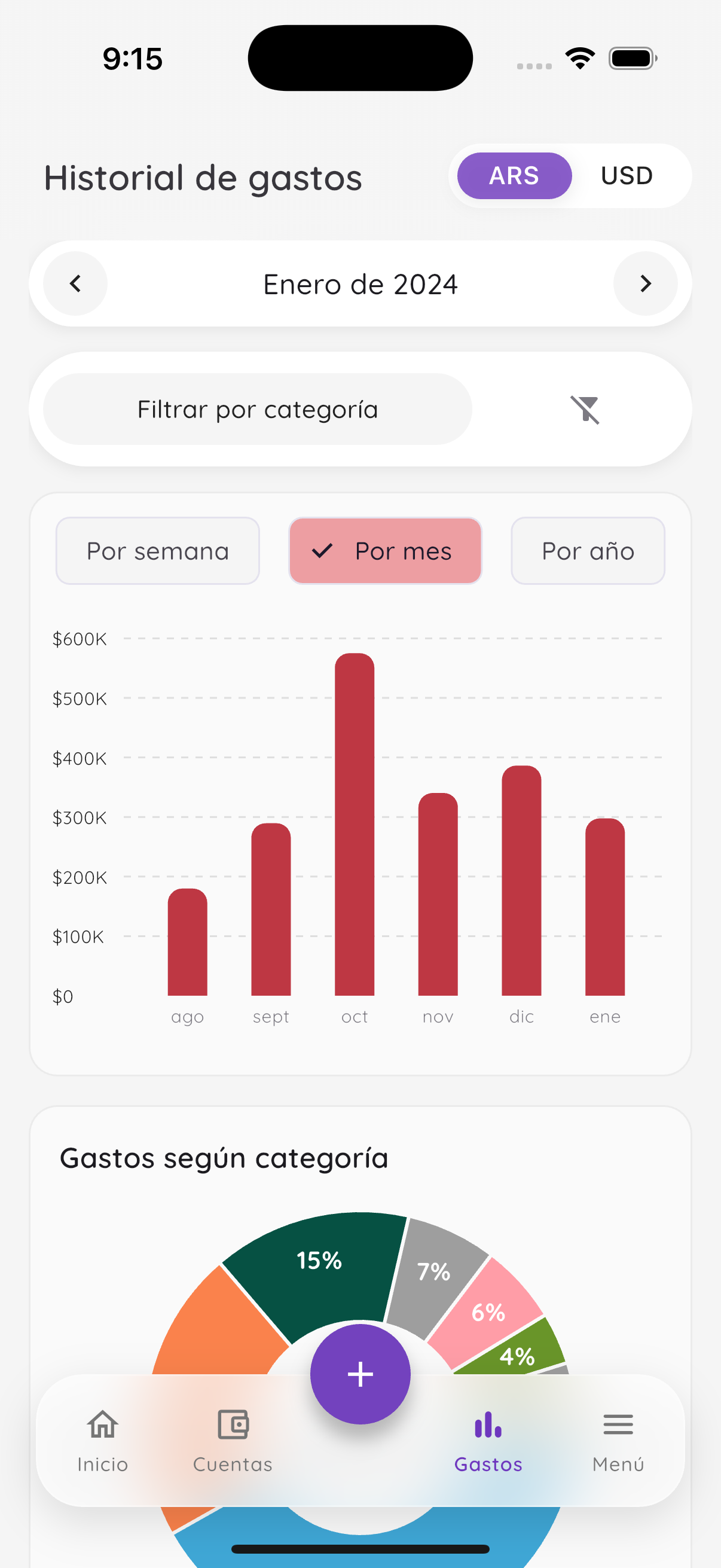 Gráficos de gastos por mes y categoría