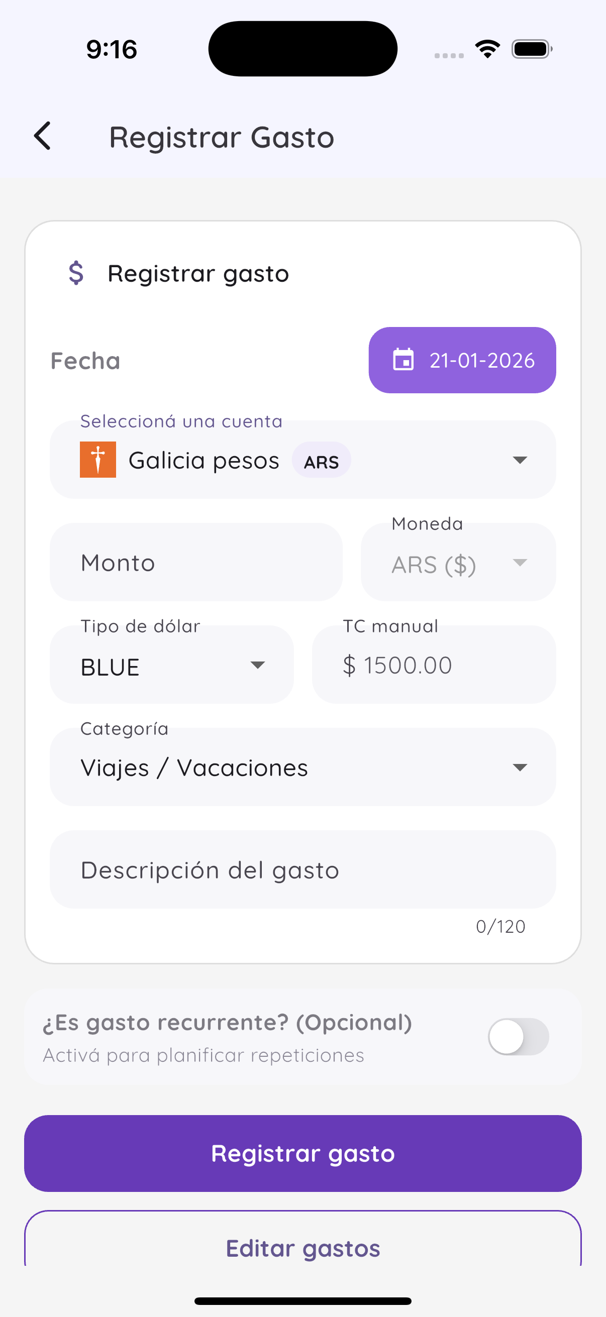 Registrar gasto en Ábaco